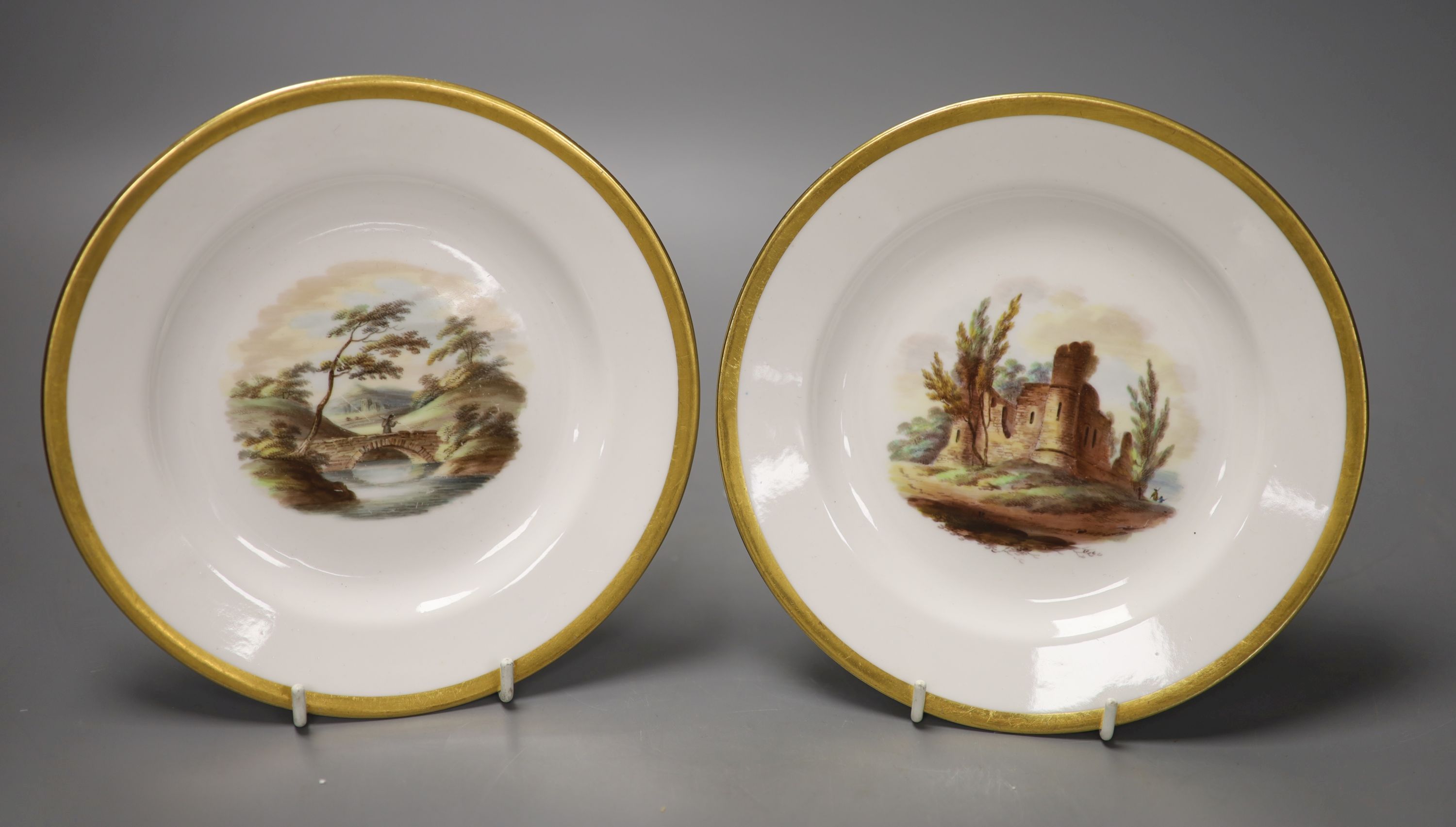 Two Spode painted plates with landscape scenes Conisbrough Castle, Bridge on River Trent, c.1820, diameter 18cm